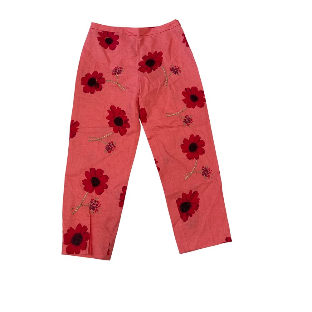Vintage Outfit JPR Coral Red 100% Linen Floral Embroidery Linen White Pants 12